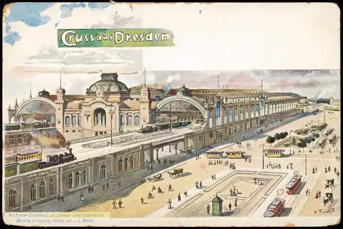 Seevorstadt-Dresden Hauptbahnhof Gruss aus... Künstler-Litho 1928