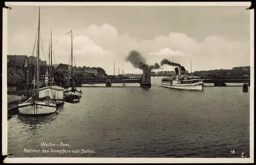 Postcard Wollin Wolin Abfahrt des Dampfers nach Stettin. Pommern 1935