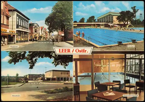 Leer (Ostfriesland) Mehrbild-AK mit Schwimmbad, Mühlenstrasse, Ems-Schule 1974