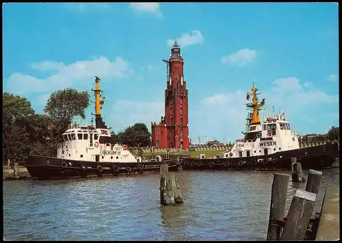 Ansichtskarte Bremerhaven Alter Leuchtturm, Schiffe REKUM und WESER 1980