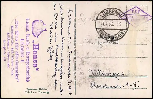 Ansichtskarte Lübbenau Spreewald Fahrt zur Trauung 1933 Stempel