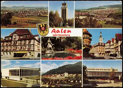 Aalen Mehrbild-AK  Fischerinbrunnen Marktplatz Hallenbad Burgerspital 1970