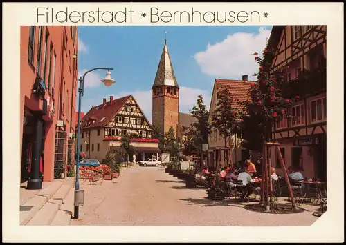 Ansichtskarte Bernhausen-Filderstadt Ortsansicht, Personen vor Lokal 1980