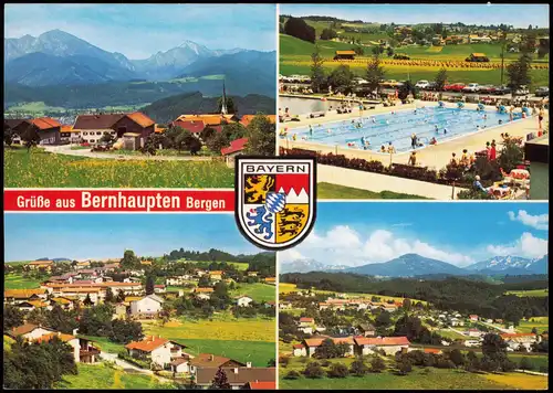 Bernhaupten-Bergen Chiemgau Mehrbildkarte Freibad Schwimmbad Ortsansichten 1980