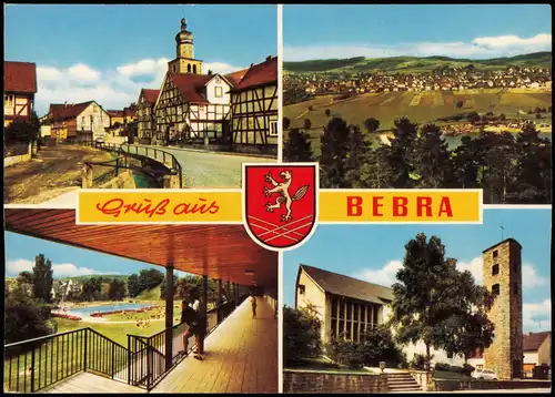Bebra Mehrbildkarte mit 4 Ortsansichten u.a. Freibad, Kirche, Panorama 1977