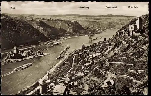 Ansichtskarte Kaub Panorama-Ansicht, Rhein Schiffe Schiffsverkehr 1954