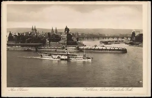 Ansichtskarte Koblenz Rhein Schiff Dampfer passiert Deutsches Eck 1930