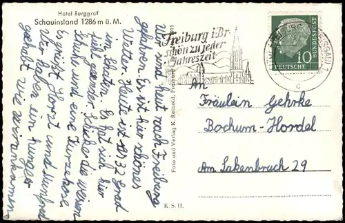 Ansichtskarte Freiburg im Breisgau Schauinsland HOTEL-BURGGRAF 1957