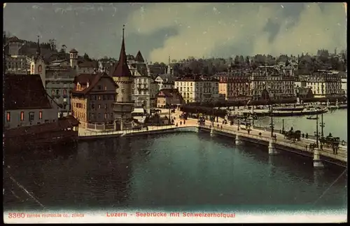 Luzern Lucerna Panorama-Ansicht Seebrücke mit Schweizerhofquai 1906