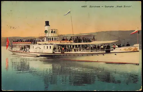 Ansichtskarte Zürich Zürichsee Dampfer ,,Stadt Zürich". 1911
