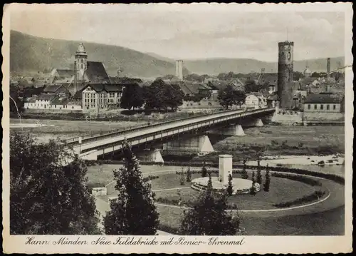 Ansichtskarte Hann. Münden Neue Fuldabrücke mit Pionier-Ehrenmal 1937