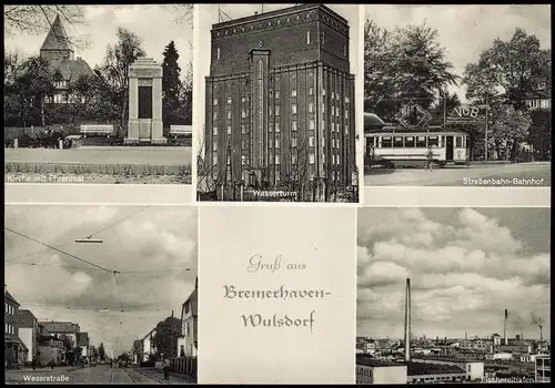 Ansichtskarte Bremerhaven MB: Wulsdorf Straßen, Fabrik, Bahnhof 1934