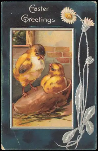 Ansichtskarte  Glückwunsch Ostern / Eastern Küken Kamille 1907 Silberrand