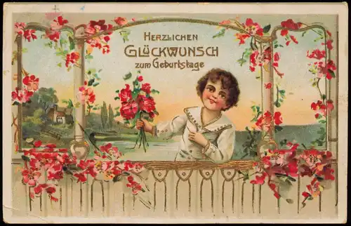 Glückwunsch Geburtstag Birthday Junge im Rosengarten 1913 Goldrand