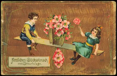 Junge Mädchen Wippe Blumen Gold  Geburtstag Birthday 1911 Goldrand Prägekarte