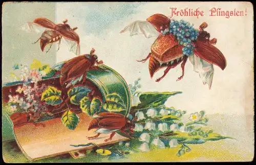 Ansichtskarte  Glückwunsch: Pfingsten Pfingstkäfer Blumen 1912 Prägekarte