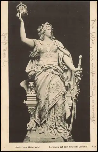 Ansichtskarte Rüdesheim (Rhein) Germania auf dem National-Denkmal 1905   gelaufen nach SCHWEINFURT (Ankunftsstempel)