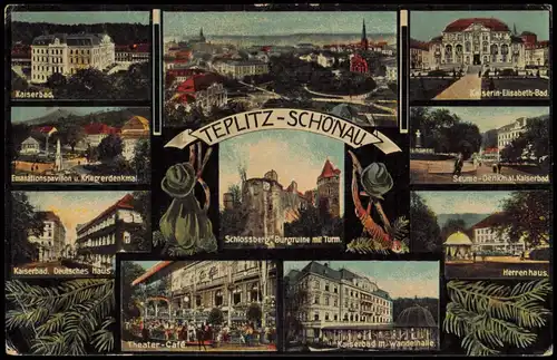 Teplitz-Schönau Teplice   Straßen, Emanationspavillon u. Kriegerdenkmal. 1914