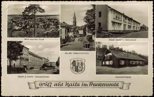 Naila (Oberfranken)   Schule, Schuh-Fabrik 1958    Bahnpoststempel Z. 2009