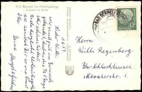 Ansichtskarte Bad Berneck im Fichtelgebirge Kurhotel zur Mühle 1957