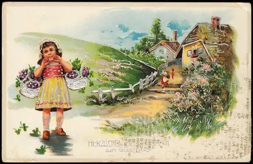 Glückwunsch Geburtstag Birthday Mädchen mit Blumenkörben 1909 Silberrand