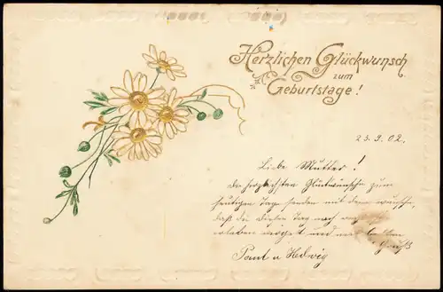 Glückwunsch Geburtstag Birthday feine Blumenzeichnung Gold 1902  Prägekarte