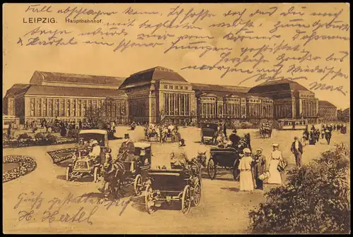 Ansichtskarte Leipzig Hauptbahnhof, Verkehr 1912  gel. Stempel L. Eutritzsch