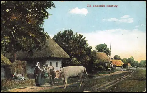 Postcard Ukraine (Allgemein) Dorf, Ochsen 1915  gel. Feldpoststempel
