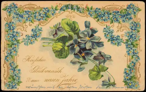 Glückwunsch Geburtstag Birthday Veilchen Goldornament Kleeblatt 1905 Prägekarte
