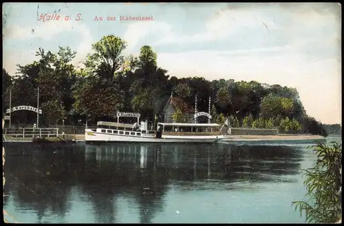 Ansichtskarte Halle (Saale) An der Rabeninsel. Restaurant Kurzhals Schiff 1911