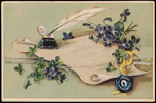 Neujahr Sylvester New Year Brief Veilchen Kleeblätter 1912 Silberrand