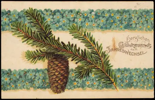 Neujahr Sylvester New Year Tannenzweige Veilchen 1911 Prägekarte