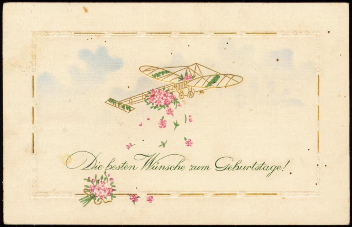 Glückwunsch Geburtstag Birthday Flugzeug feine Goldzeichnung 1917