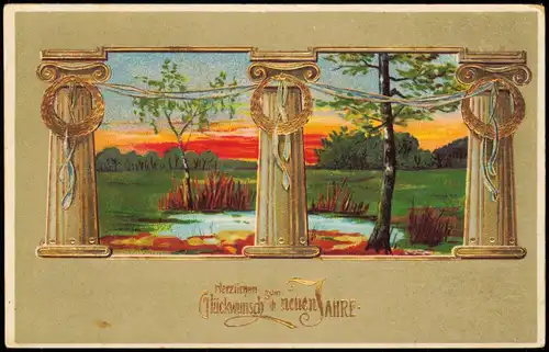 Neujahr Sylvester New Year Antike Säulen Landschaft 1909 Goldrand