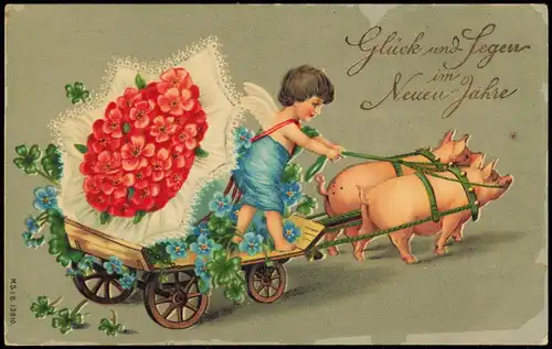 Neujahr Sylvester New Year Engel Wagen v. Glücksschweinen gezogen 1908 Goldrand