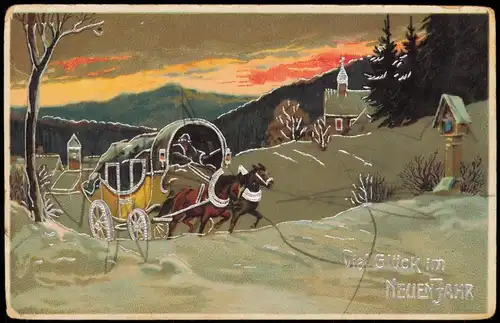 Neujahr Sylvester New Year Kutsche Winterlandschaft 1908 Silberrand