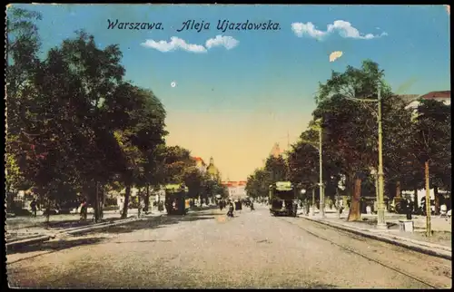 Postcard Warschau Warszawa Allee (Aleje) Ujazdowskie, Straßenbahn 1918