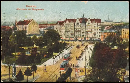 Ansichtskarte Innere Neustadt-Dresden Albertplatz mit Hauptstraße 1927