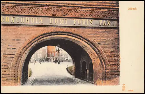 Ansichtskarte Lübeck CONCORDIA DOMI FORIS PAX Straßenblick 1908