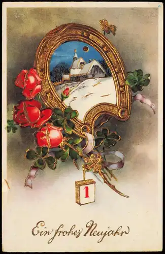 Ansichtskarte  Neujahr Sylvester New Year goldenes Hufeneisen 1933 Goldrand