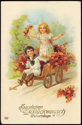 Glückwunsch Geburtstag Birthday Junge und Mädchen im Wagen 1916 Goldrand