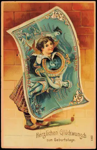 Geburtstag Birthday Mädchen schaut durch 100 Mark Schein 1908 Goldrand