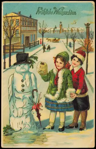 Ansichtskarte  Weihnachten - Christmas Junge, Mädchen - Schneemann 1913