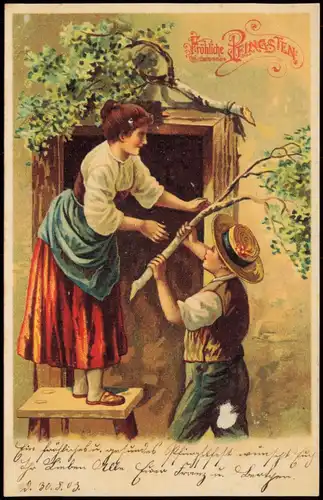Ansichtskarte  Glückwunsch: Pfingsten Frau und Junge Birkenzweige 1903