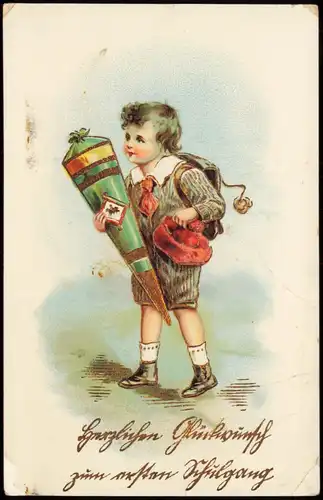 Glückwunsch - Schulanfang/Einschulung Junge Zuckertüte 1912 Goldrand