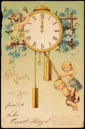 Neujahr Sylvester New Year Engel auf der Wanduhr 1908 Prägekarte