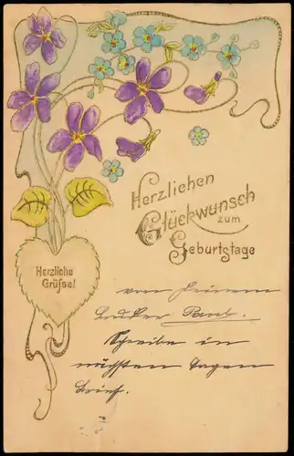 Glückwunsch Geburtstag Birthday Jugenstil Ornament Veilchen 1909 Prägekarte