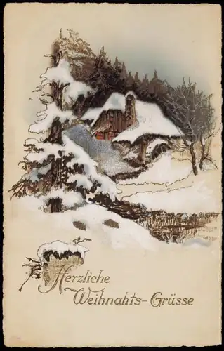 Weihnachten - Christmas Wassermühle im Winterwald 1911 Goldrand