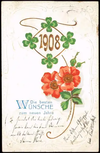 Neujahr Sylvester New Year Kleeblätter Mohnblumen Jugendstil 1908  Prägekarte