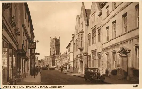 Postcard Cirencester DYER STREET AND BINGHAM LIBRARY 1930